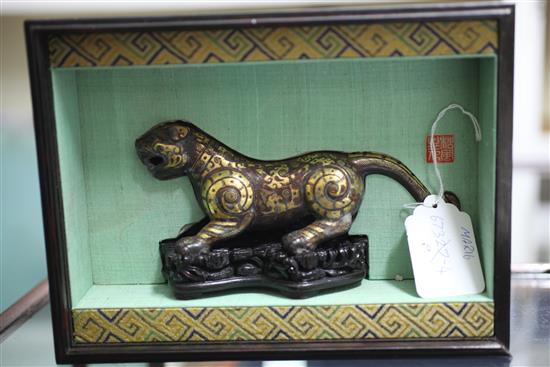 A Chinese parcel gilt bronze figure of a tiger, in Song dynasty style, length 18cm, together with a fitted hardwood box